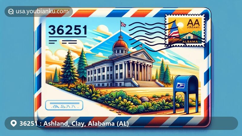 Modern illustration of airmail envelope for Ashland, Clay County, Alabama, with ZIP code 36251, featuring stylized postmark, traditional mailbox, Clay County Courthouse stamp, and Alabama state flag design.