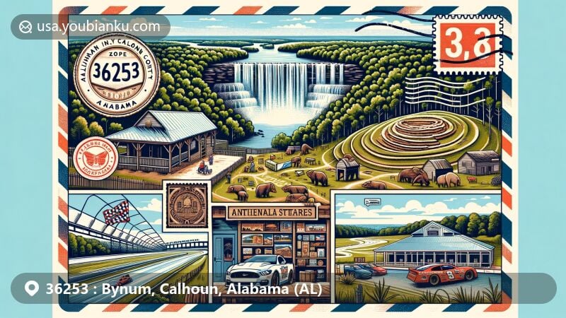 Modern illustration of Bynum, Calhoun County, Alabama, highlighting Cheaha State Park, Native American mounds, general store, Talladega Superspeedway, and farm-to-table dining scene.