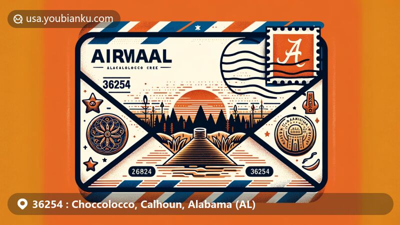 Modern illustration of Choccolocco area, Alabama, featuring airmail envelope with integrated state flag, highlighting regional characteristics and postal theme with ZIP code 36254.