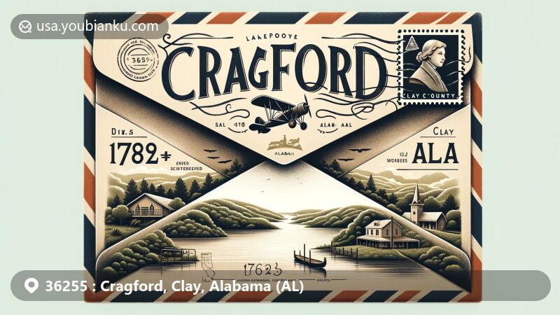 Serene illustration of Cragford, Clay County, Alabama, blending natural beauty and postal history, with vintage airmail envelope, Lake Wedowee, Tallapoosa River, Clay County map, Alabama flag stamp, and ZIP code 36255.