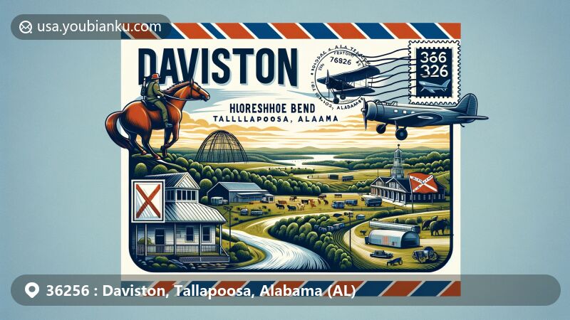 Modern illustration of Daviston, Tallapoosa, Alabama (AL), featuring postal theme with ZIP code 36256, centered around Horseshoe Bend National Military Park and elements representing natural scenery and agricultural life.
