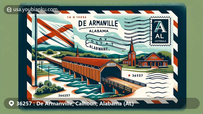 Modern illustration of De Armanville, Alabama, featuring the Alabama state flag, Coldwater Covered Bridge, and JC Morgan Art Gallery, along with postal stamp showcasing the area's charm.