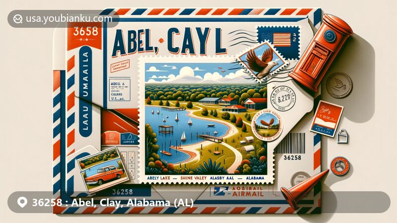Modern illustration of ZIP Code 36258, Abel, Clay County, Alabama, featuring Abel Lake, Shinbone Valley, Cosby Lake Park, and Alabama state flag stamp, blending local landmarks with postal elements.