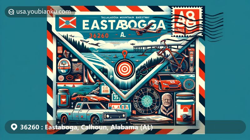 Creative representation of Eastaboga, Calhoun County, Alabama (ZIP code 36260), featuring a unique airmail envelope with iconic attractions like Talladega Superspeedway, Coldwater Mountain Bike Trail, and CMP Talladega Marksmanship Park.