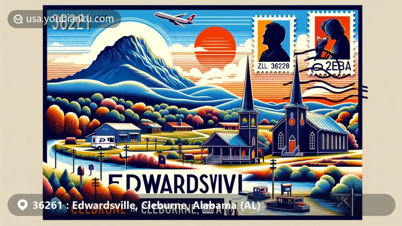 Modern illustration of ZIP Code 36261, Edwardsville, Cleburne, Alabama, featuring Cheaha Mountain silhouette and Shoal Creek Church, encapsulated in a postcard layout with postal motifs, showcasing natural allure and historical significance.