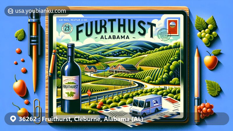 Modern illustration of Fruithurst, Cleburne County, Alabama, featuring rural charm and Fruithurst Winery Co., with rolling hills, grapevines, and a wine bottle symbol. Styled as a postcard with ZIP Code 36262, postal stamp, postmark, and mail truck.
