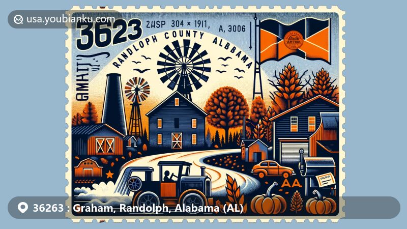 Modern illustration of Graham, Randolph County, Alabama, with postal elements and references to Butler's Mill, farm life, seasonal symbols, and the Alabama state flag.