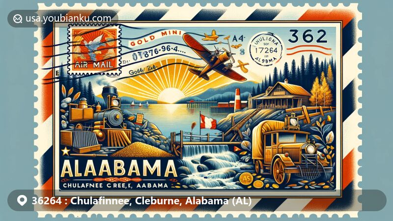 Modern illustration of Chulafinnee, Cleburne County, Alabama, capturing postal theme with ZIP code 36264, showcasing historical gold mining and natural beauty, incorporating vintage air mail envelope with Alabama state flag stamp and clever postal cancellation mark.