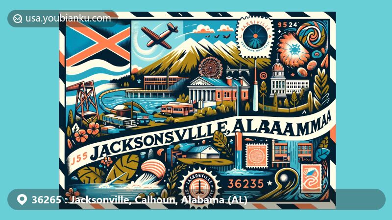 Modern illustration of Jacksonville, Alabama, capturing its foothills in the Appalachians, Jacksonville State University, Cheaha State Park, and Chief Ladiga Trail. Postal theme with postcard, air mail envelope, stamps, and postal mark showcasing ZIP code 36265.