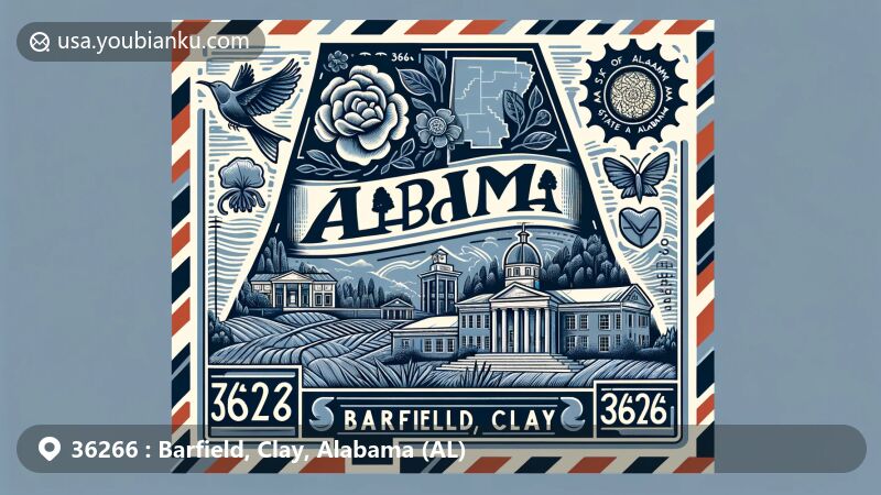 Modern illustration of Barfield, Clay County, Alabama, with ZIP code 36266, showcasing key symbols and landmarks like Clay County outline, Courthouse in Ashland, and Alabama state symbols.