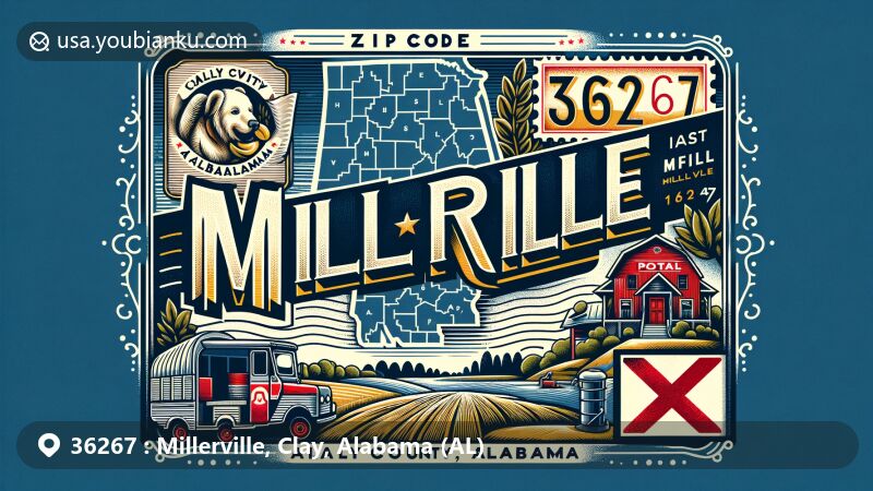 Modern illustration of Millerville area in Clay County, Alabama, featuring postal theme with ZIP code 36267, highlighting rural beauty, Alabama state flag, and modern postal elements.