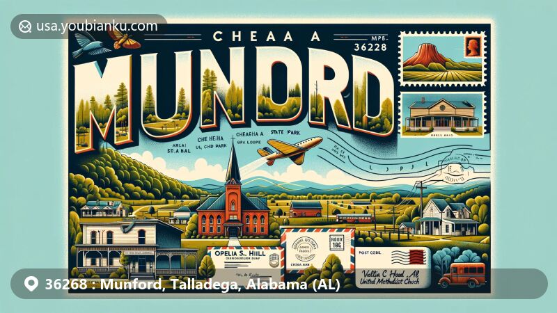 Modern illustration of Munford, AL area, featuring a creative postcard with Cheaha State Park at the center, including iconic historical buildings like Old Munford High School and Ophelia S. Hill School.