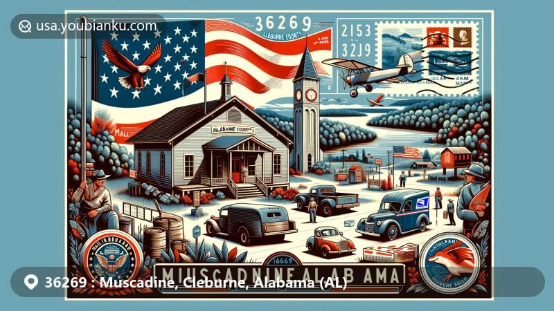Modern illustration of Muscadine, Cleburne County, Alabama, combining regional and postal elements with a vibrant and contemporary style, featuring the state flag, Shoal Creek Church, Cleburne County Courthouse, air mail envelope, stamps, postmark 'Muscadine, AL 36269', and a vintage postal truck.