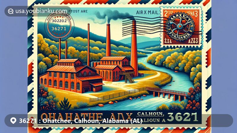 Modern illustration of Ohatchee, Calhoun County, Alabama, featuring ZIP code 36271, showcasing Janney Furnace Park and Coosa River, with vintage postcard and air mail elements.