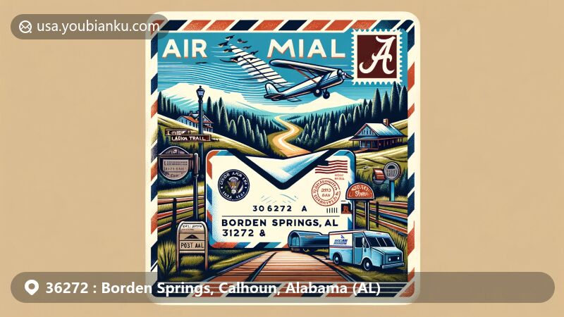 Modern illustration of Chief Ladiga Trail, Borden Springs, Alabama, capturing natural beauty and recreational essence with postal elements like vintage stamp and postmark.