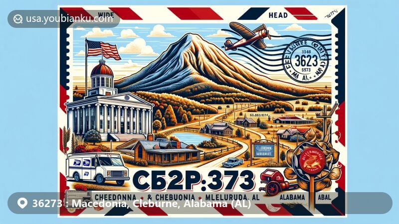 Modern illustration of Macedonia, Cleburne County, Alabama, capturing the essence of ZIP code 36273, featuring majestic Cheaha Mountain in the backdrop and Cleburne County Courthouse as the focal point.