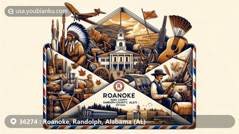Modern illustration of Roanoke, Randolph County, Alabama, celebrating ZIP code 36274 with vintage air mail envelope and depictions of local history, culture, and natural beauty, subtly including Native American relics, Civil War memorabilia, and rural landscape features.