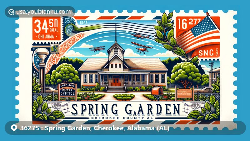Modern illustration of Spring Garden, Cherokee County, Alabama, inspired by the ZIP code area 36275. Depicts Spring Garden School and lush greenery, nodding to historical significance and natural beauty. Vintage postal elements like post office signs and mailbox included, reflecting the area's postal service history since 1844. Framed in an airmail envelope shape with postage stamp border featuring Alabama state flag and local symbols.