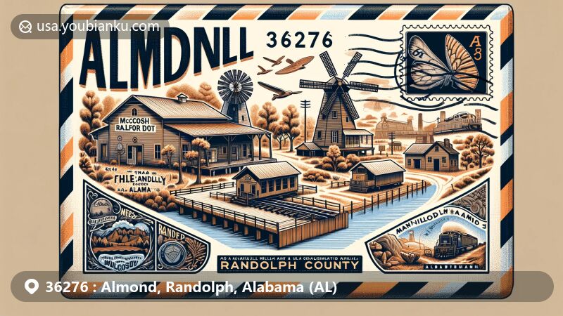 Modern illustration of Almond area, Randolph County, Alabama, showcasing a creatively designed airmail envelope with historic landmarks, natural scenery, and cultural symbols, featuring ZIP code 36276.