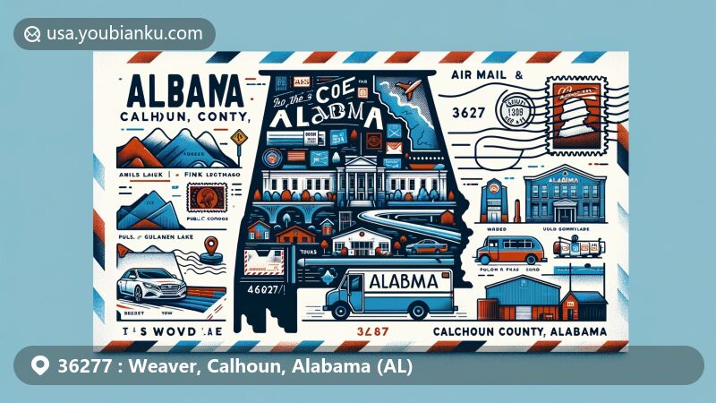 Vibrant illustration of Weaver, Calhoun County, Alabama, featuring a modern postcard design highlighting ZIP code 36277, with Finks Lake, public schools, and postal elements like stamps and a mail truck.