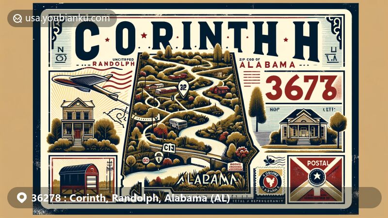 Modern illustration of Corinth, Randolph County, Alabama, with ZIP code 36278, featuring detailed map outline, local nature symbols, state flag, vintage postage stamp design, postmark, and mailbox, capturing the essence of Corinth's serene and historic atmosphere.