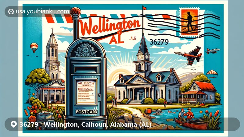Modern illustration of Wellington, Alabama, featuring postcard theme with ZIP code 36279, showcasing the historic City Hall and the First United Methodist Church. The artwork incorporates outdoor activities like hiking and fishing, reflecting leisure opportunities in Wellington. The foreground includes a vintage-style mailbox highlighting a postcard with the postal code '36279' and 'Wellington, AL.' The overall illustration style is modern, vibrant, and eye-catching, making it ideal for web graphics.