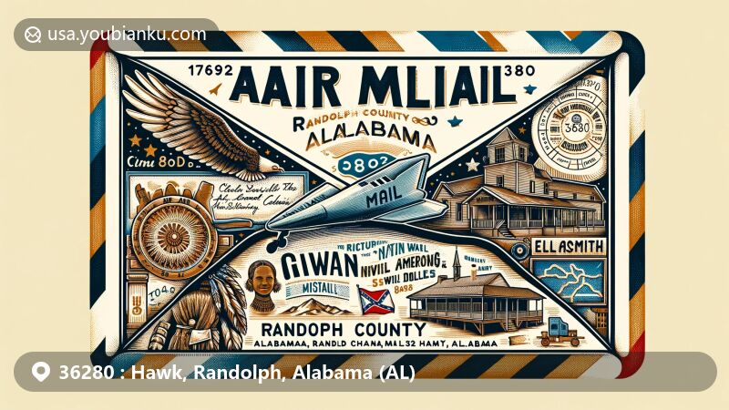 Vintage air mail envelope illustration of Hawk, Randolph County, Alabama, showcasing Randolph County Historical Museum with Native American relics, Civil War memorabilia, and Ella Smith dolls.