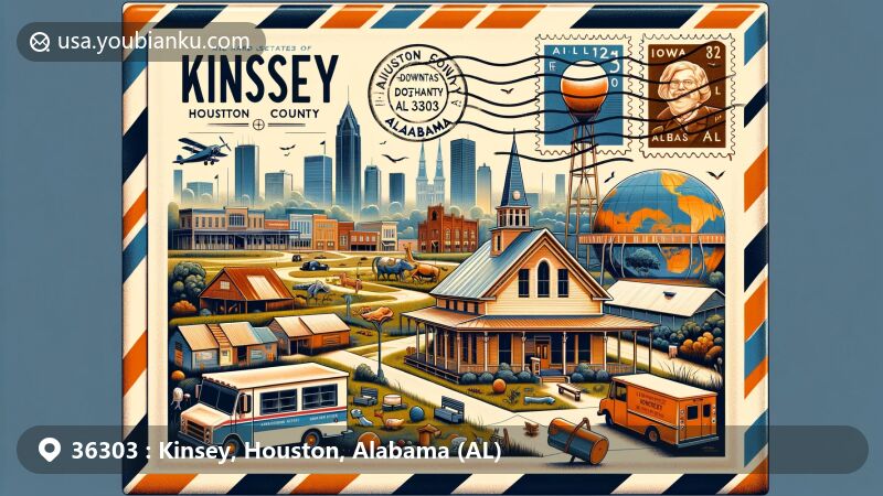 Modern illustration of Kinsey, Houston County, Alabama, showcasing postal theme with ZIP code 36303, featuring Landmark Park and downtown Dothan's historical buildings and murals.
