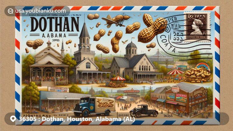 Modern illustration of Dothan, Alabama, representing the 'Peanut Capital of the World' with ZIP code 36305, showcasing cultural venues like Landmark Park and Adventureland Theme Park, highlighting peanuts, Dothan Opera House, Wiregrass Museum of Art, and agricultural background.