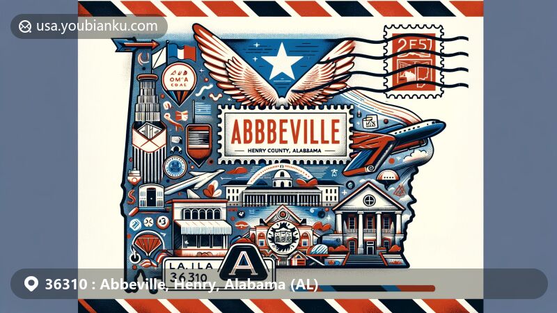 Modern illustration of Abbeville, a charming town in Louisiana, combining French and American culture with historical architecture and vibrant local community.