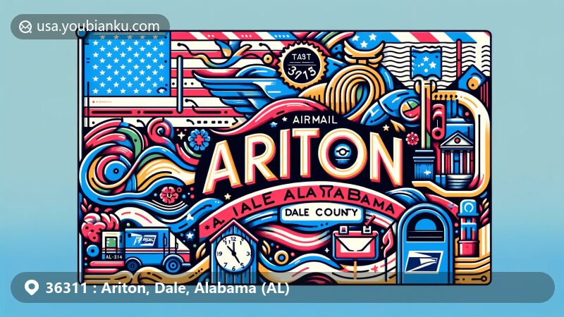 Modern illustration of Ariton, Dale County, Alabama, featuring postal theme with ZIP code 36311, incorporating Alabama state flag, symbolic representation of Dale County, and postal elements.