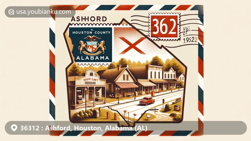 Modern illustration of Ashford area, Houston County, Alabama, portraying postal theme with Alabama state flag, Houston County outline, and ZIP code 36312, capturing the serene small-town vibe.