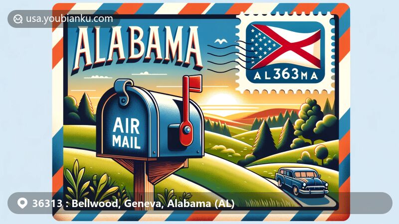 Modern illustration of an air mail envelope with Alabama state flag stamp and mailbox bearing ZIP Code 36313, set against backdrop of Alabama's natural scenery.