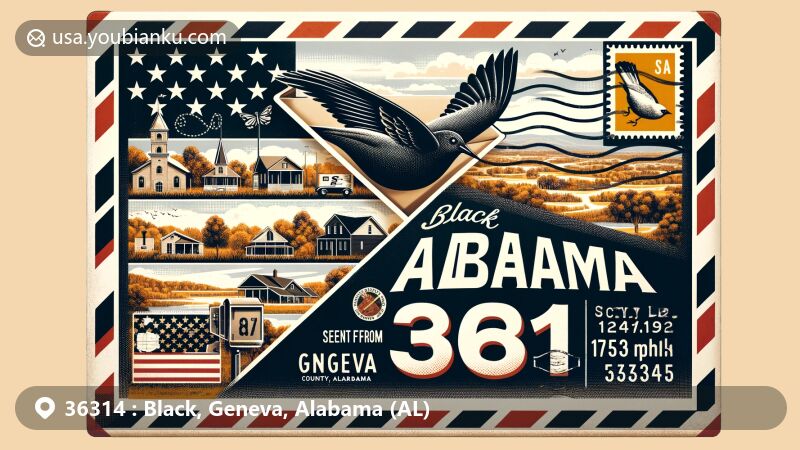Modern illustration of Black, Geneva County, Alabama, featuring a vintage air mail envelope revealing a postcard with ZIP code 36314, showcasing the essence of Black, possibly its quiet streets or natural scenery, including a postage stamp of the Northern Flicker (Yellowhammer) and a postal mark 'Sent from 36314, Black, Alabama.'