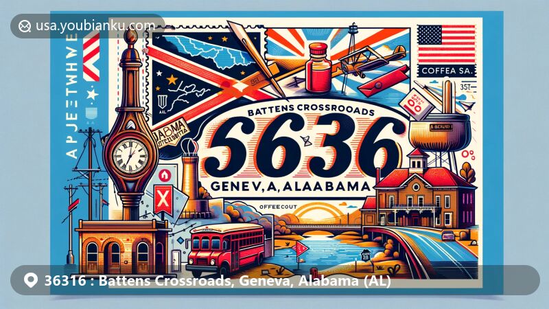 Modern illustration of Battens Crossroads, Geneva, Alabama, showcasing postal theme with ZIP code 36316, featuring Alabama state flag, Coffee County outline, and local landmarks or symbols.