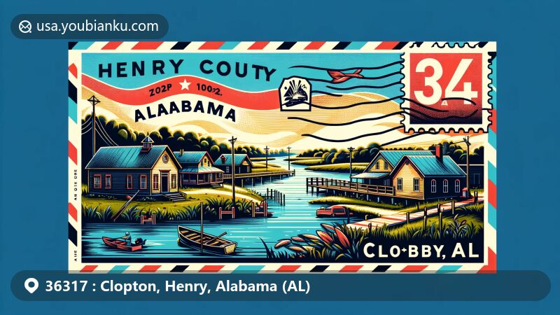 Modern illustration of Clopton, Henry County, Alabama, showcasing rural charm and serene lifestyle amidst the Tombigbee River, outdoor activities, and historical buildings, featuring Alabama state flag and ZIP code 36317.