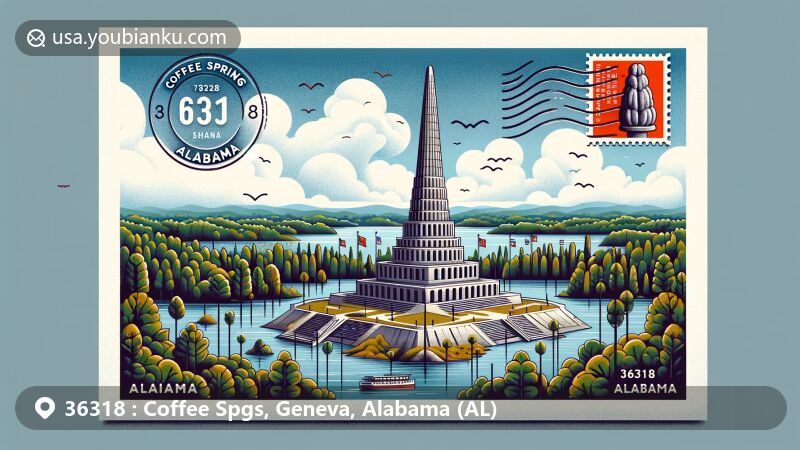 Modern illustration of Coffee Springs, Geneva, Alabama, highlighting postal theme with ZIP code 36318, featuring Boll Weevil Monument and natural beauty of the area.