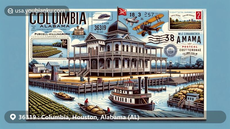 Modern illustration of Columbia, Houston County, Alabama, showcasing the historic Purcell-Killingsworth House, steamboats on the Chattahoochee River, and agricultural elements, designed with a postcard layout and postal theme for ZIP code 36319.