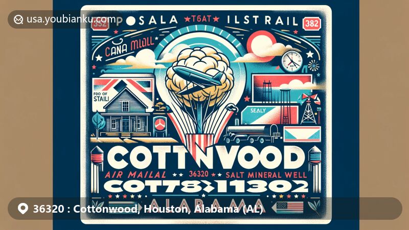 Modern illustration of Cottonwood, Houston County, Alabama, with vintage air mail envelope featuring ZIP code 36320, cottonwood tree, Sealy’s Hot Salt Mineral Well, and Alabama state flag.