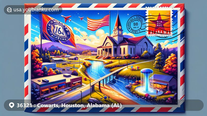 Modern illustration of Cowarts, Alabama, showcasing postal theme with ZIP code 36321, featuring U.S. Route 84, local landmarks, Alabama state flag, town logo, and postmark.