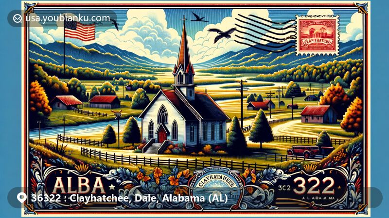 Modern illustration of Clayhatchee, Dale County, Alabama, showcasing postal theme with ZIP code 36322, featuring Old Providence Chapel and Alabama state flag design.