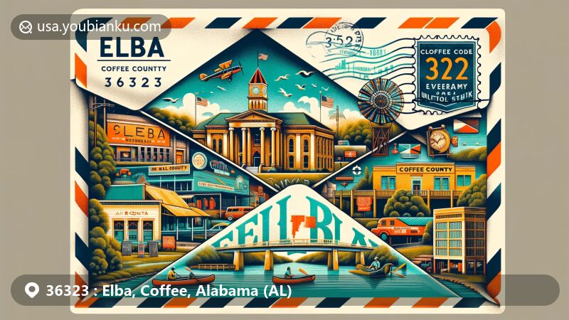 Creative illustration of Elba, Coffee County, Alabama, portraying vintage air mail envelope with landmarks like Coffee County Courthouse, Elba United Methodist Church, Governor James E. Folsom Birthplace, Old Coffee County Jail, and Pea River scenes.