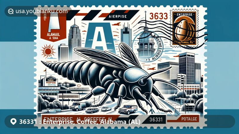 Modern illustration of Boll Weevil Monument in Enterprise, Alabama, integrating airmail envelope theme with ZIP code 36331 and location details, featuring Alabama outline and cityscape.
