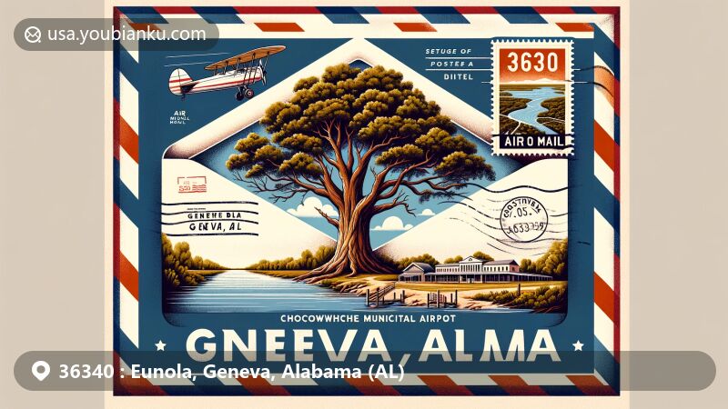 Contemporary illustration of Eunola, Geneva, Alabama, highlighting natural beauty and historical significance, featuring air mail envelope framing Choctawhatchee River and Pea River junction, Constitution Oak, and vintage stamp of Geneva Municipal Airport.
