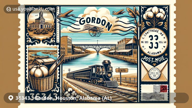 Modern illustration of Gordon, Alabama, ZIP code 36343, featuring Chattahoochee River, cotton symbolizing agricultural heritage, vintage postal design elements, and town's history as a trading center.