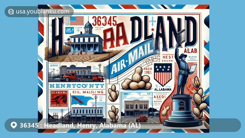 Modern illustration of Headland, Alabama, showcasing ZIP code 36345, with air mail envelope design featuring regional characteristics and postal themes.