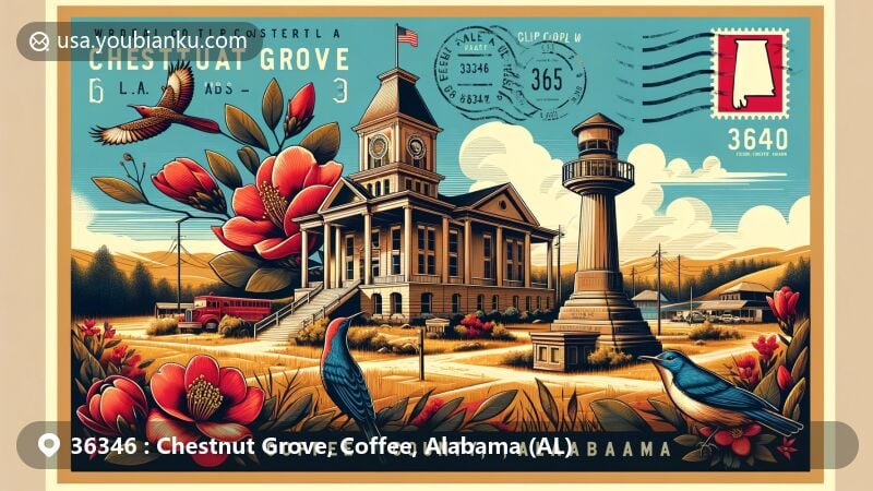 Modern illustration of Chestnut Grove, Coffee County, Alabama, featuring Coffee County Courthouse and Boll Weevil Monument. Includes Wiregrass region landscape, Camellia, Northern Flicker, vintage stamp, and airmail envelope with ZIP code 36346.