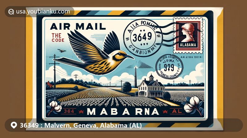 Modern illustration of Malvern, Geneva County, Alabama, highlighting postal theme with ZIP code 36349, showcasing Yellowhammer stamp and postal cancellation mark, integrating Geneva County's outline, featuring Alabama's state flag, cotton fields, and rural landscape.