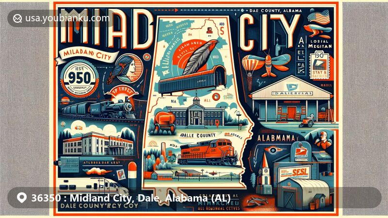 Modern illustration of Midland City, Dale County, Alabama, showcasing ZIP code 36350, featuring geography, history, and culture, including the Midland Railroad Corporation, the 2013 Alabama bunker hostage crisis, educational facilities, and recreational activities.