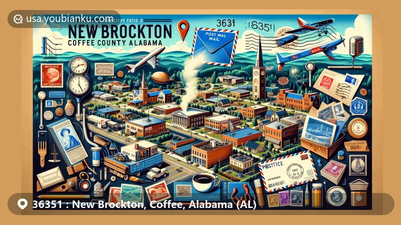 Modern illustration of New Brockton, Coffee County, Alabama, highlighting postal theme with ZIP code 36351, featuring town's layout, key landmarks, and regional symbols.